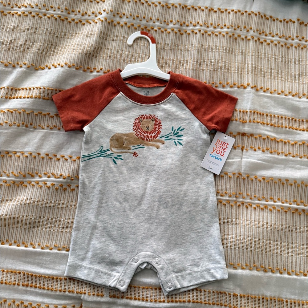 Carter's Cream Romper with Rust Raglan Sleeves and Lion Print